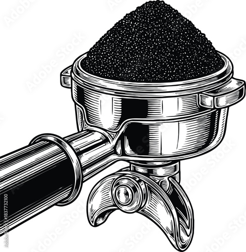 A detailed, black and white engraving-style illustration of an espresso machine portafilter overflowing with a mound of finely ground dark coffee. The metal portafilter, featuring a handle and locking