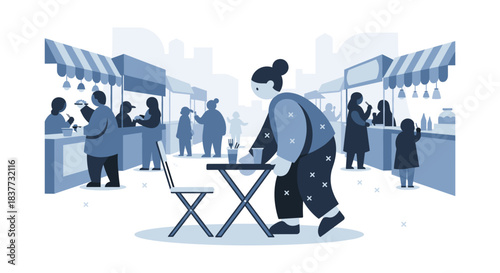 Flat monochromatic vector illustration depicting a busy street food market scene featuring a woman arranging a table in the foreground while customers interact with vendors at various stalls with stri