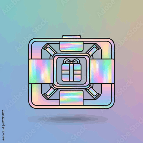 Holographic gift box with a present icon in the center, featuring a vibrant iridescent effect on a soft gradient background.