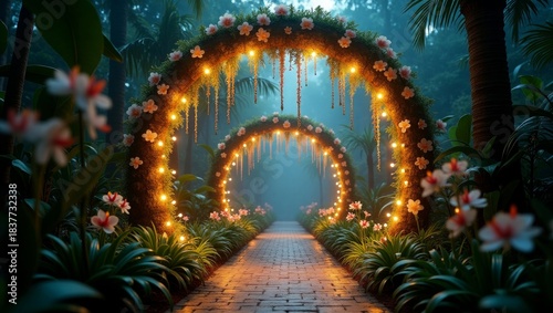 Romantic Floral Light Archway Vector, Decorative Garden Path Scene, Wedding Background and Dreamy Wallpaper