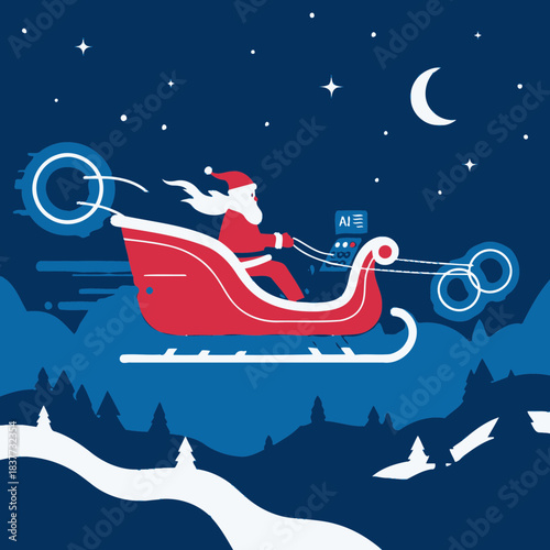 Santa Claus in a futuristic sleigh powered by AI, flying over a snowy winter landscape under a starry night sky with a crescent moon.