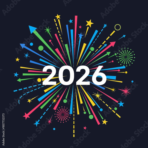Colorful fireworks burst around the year 2026 on a dark background, symbolizing celebration and new beginnings.