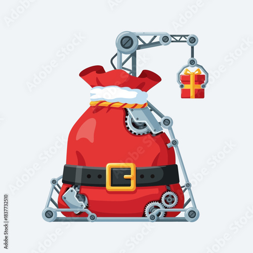 A cartoon illustration of a mechanized Santa's sack with a robotic arm placing a gift.