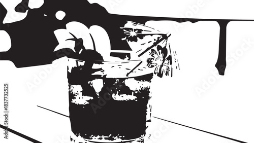 High contrast monochrome photo of a glass with ice and a straw on a table.