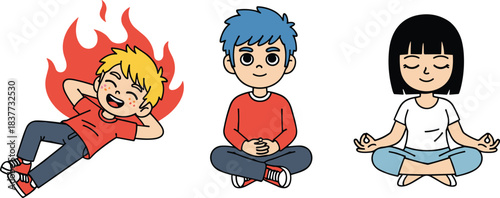 Cartoon characters showing emotional states, energetic flame pose, calm meditation, peaceful mindfulness, expressive mood art - flat vector illustration