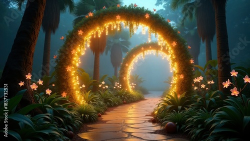 Romantic Floral Light Archway Vector, Decorative Garden Path Scene, Wedding Background and Dreamy Wallpaper