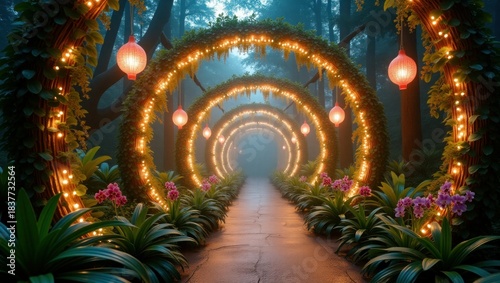 Romantic Floral Light Archway Vector, Decorative Garden Path Scene, Wedding Background and Dreamy Wallpaper