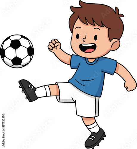 Cartoon child playing soccer, joyful expression, kicking ball, blue shirt, active pose, sports theme - flat vector illustration