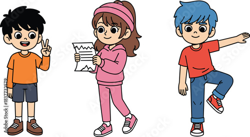 Cartoon children in playful poses, diverse expressions and actions, peace sign, reading paper, balance stance - flat vector illustration
