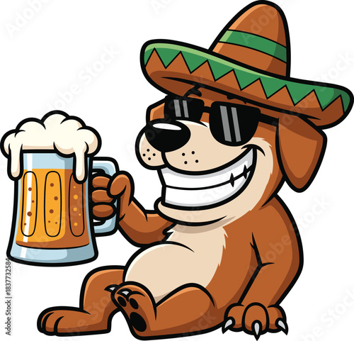 Cartoon dog with sombrero and beer, festive animal character, party mood, humorous pet illustration, sunglasses style - flat vector illustration