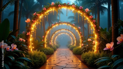 Romantic Floral Light Archway Vector, Decorative Garden Path Scene, Wedding Background and Dreamy Wallpaper