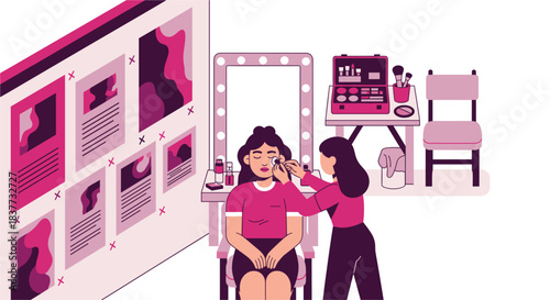 Flat vector illustration of a professional makeup artist applying cosmetics to a female client sitting in front of a vanity mirror in a backstage dressing room or beauty salon setting with a makeup ki