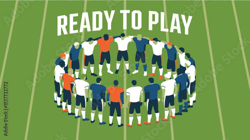 Football Team Huddle on Field Illustration Ready to Play, Teamwork, Super Bowl Sunday Event