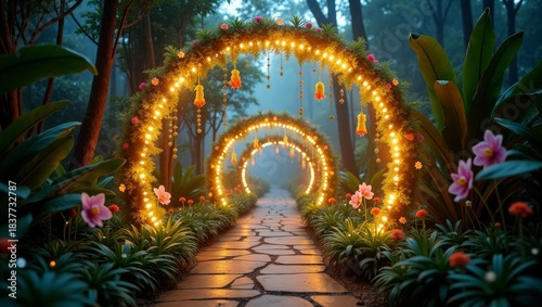 Romantic Floral Light Archway Vector, Decorative Garden Path Scene, Wedding Background and Dreamy Wallpaper