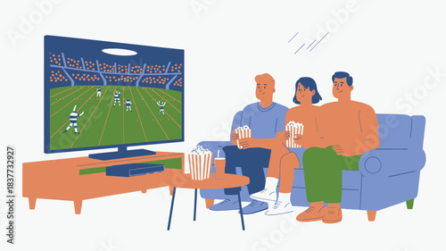 Friends Enjoying Football Game on TV with Popcorn and Drinks, Super Bowl Sunday