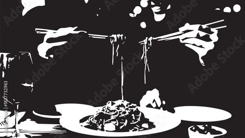 High-contrast black and white dining scene with hands gathered around a plate of food.