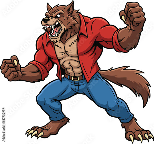 Angry cartoon werewolf in torn clothes, muscular body, fierce stance, fantasy monster character, transformation theme - flat vector illustration