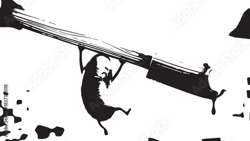High-contrast silhouette of a rifle with splatter accents conveying violence and conflict.