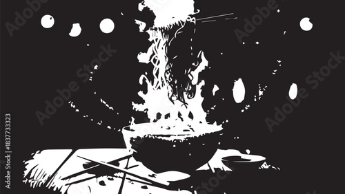 High-contrast black-and-white scene of a campfire cooking a pot over glowing flames at night.