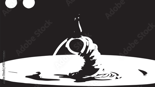 High contrast closeup of a liquid splash on a white plate creating abstract circular ripples.