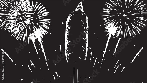 Silhouetted skyscraper amid radiant fireworks illuminating a dramatic night skyline.