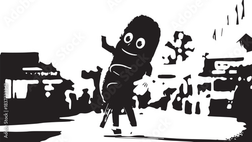 Whimsical cartoon character strolling through a busy street in bold black and white illustration.