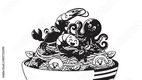 Whimsical black and white illustration of people swimming in a bowl.
