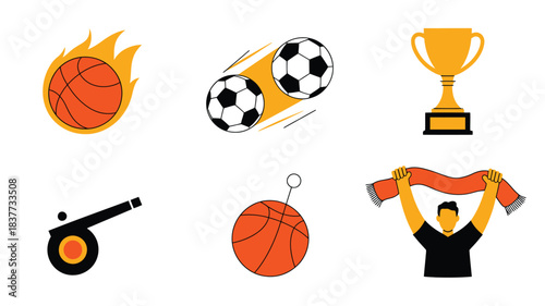 Illustration Featuring Sports Equipment, Including Basketballs, Soccer Balls, Trophy, Whistle, and Cheering Fan