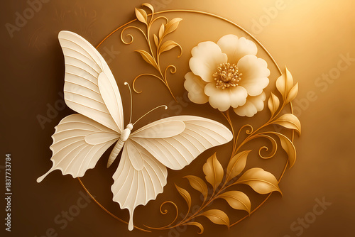 Gold wallpaper with a white flower and butterfly