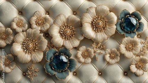 Elegant Diamond Flowers with Gold Ornaments on a White Silk Background.