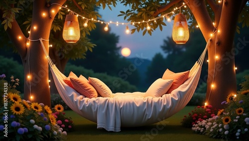 Cozy Garden Hammock Night Scene Vector, Summer Lights and Moon Background, Relaxing Aesthetic Wallpaper