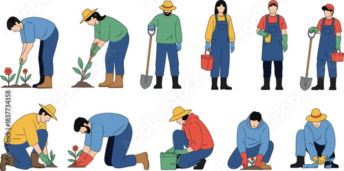 Cartoon Vector Illustration Set of People Gardening, Planting, and Farming, Including Men and Women with Tools Like Shovels and Watering Cans, Isolated on White