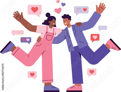 A happy interracial couple hugging, surrounded by hearts and message bubbles, symbolizing digital connection, communication, and modern online love.