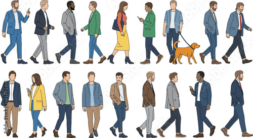 Diverse Group of People Walking Vector Illustration Set, Men and Women in Casual and Business Clothes Standing and Walking, Isolated Line Art Character Collection on White Background.