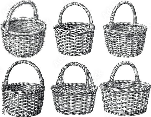 A collection of six different styles of small woven baskets, each featuring a handle. The illustration is rendered in a detailed, black and white engraving or sketch style