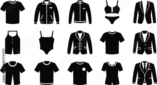 Black and White Illustrations of Apparel Items Including TShirts, Jackets, Swimsuit, and Suits