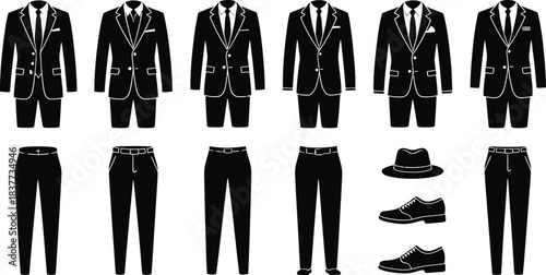Black Suit and Apparel Illustrations Blazer, Pants, Hat, and Shoes Icons