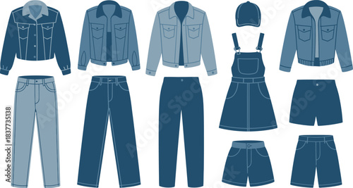 Blue Denim Clothing Collection Jackets, Jeans, Shorts, Dress, and Hat Fashion Illustration