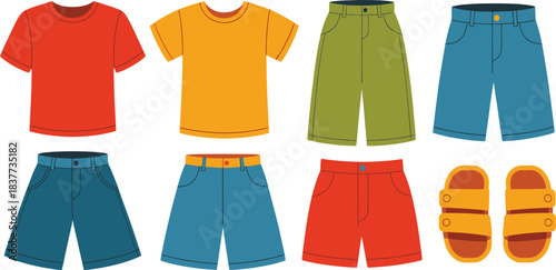 Cartoon Apparel Set TShirts, Shorts, and Sandals in Various Colors for Kids