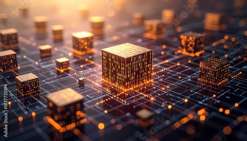 Futuristic digital network connection, processing secure global blockchain data computing system