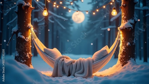 Winter Night Hammock Scene Vector, Cozy Snow Landscape with Lights, Dreamy Relaxation Wallpaper Background