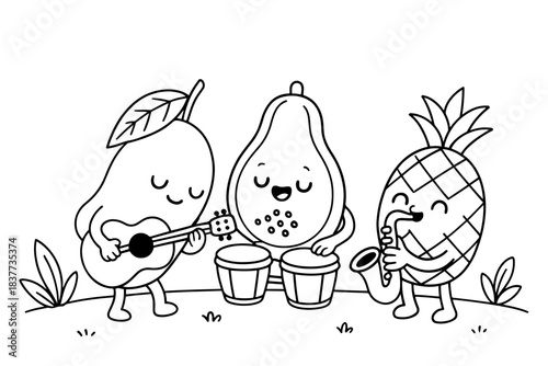 Cute Cartoon Fruits Playing Musical Instruments Together on Grass