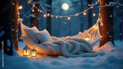 Winter Night Hammock Scene Vector, Cozy Snow Landscape with Lights, Dreamy Relaxation Wallpaper Background