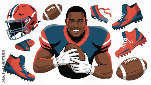 Smiling Football Player Illustration with Helmet, Footballs, Gloves, Shoes, and Jersey on White Background