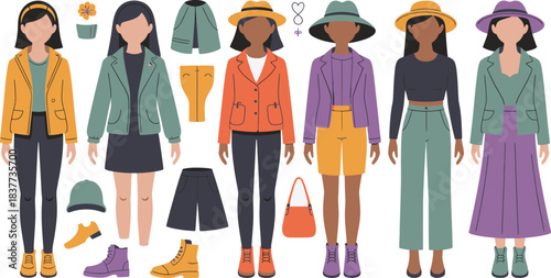 Cartoon Fashion Illustration Diverse Women Wearing Stylish Outfits with Jackets, Dresses, Pants, and Accessories