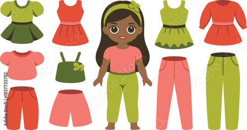 Cartoon Girl with Clothing Dresses, Tops, Bottoms, and Pants in Green and Red Hues