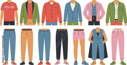 Cartoon Fashion Outfits Casual Shirt, Blazer, Jeans, Trousers, Shorts, and Shoes, Diverse Colors