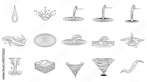Collection of 15 Minimalist Black Outline Water and Liquid Flow Icons in a Grid