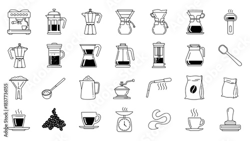 Comprehensive Set of 28 Outlined and Solid Black Coffee Making Equipment Icons on White Background
