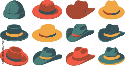 Collection of Colorful Isometric Hats Beanie, Fedora, Cowboy Hat Illustrations on White Background